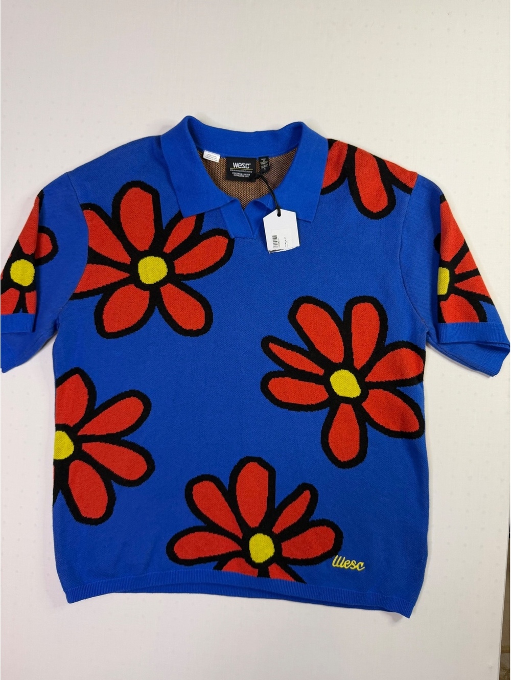 WESC NWT Drawn Flower Graphic Mesh Knit Collared Polo Unisex Men M Women’s LG